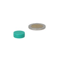 Teal circular neodymium disc magnet with green plastic coating and strong attraction