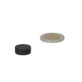 Black plastic coating powerful neodymium disc magnet 16 x 6 mm next to coin for scale comparison