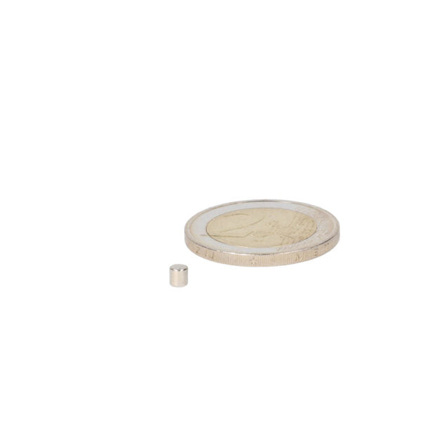 Small silvery cylindrical neodymium disc magnet 3 x 3 mm with compact size for strong magnets