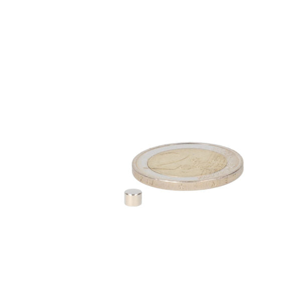 Small cylindrical disc magnet 4 x 3 mm with polished metal finish powerful magnet for professional applications