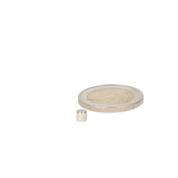 Small cylindrical disc magnet 4 x 4 mm with strong attraction and metallic silver finish, ideal for both hobbyists