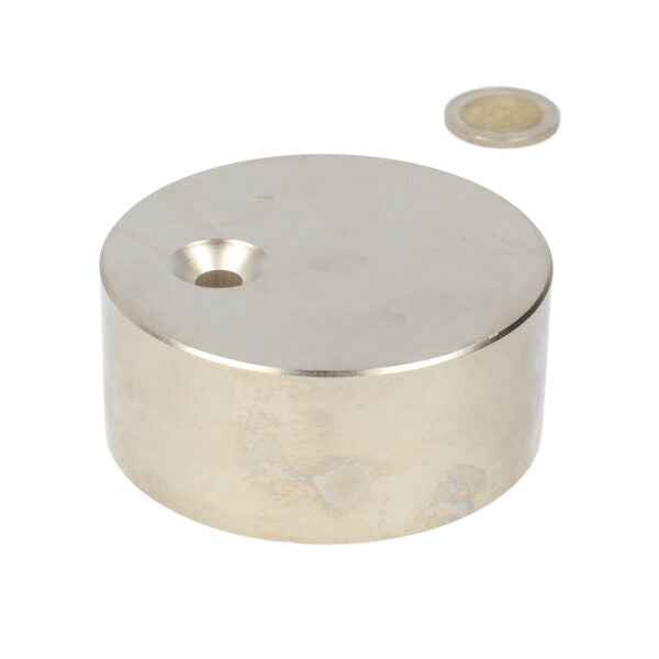 Silver cylindrical neodymium magnet with countersunk hole and matching round ring disc magnet 80 x 35 mm