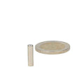 Silver cylindrical high-grade neodymium magnet 4 x 15 mm next to euro coin for scale comparison