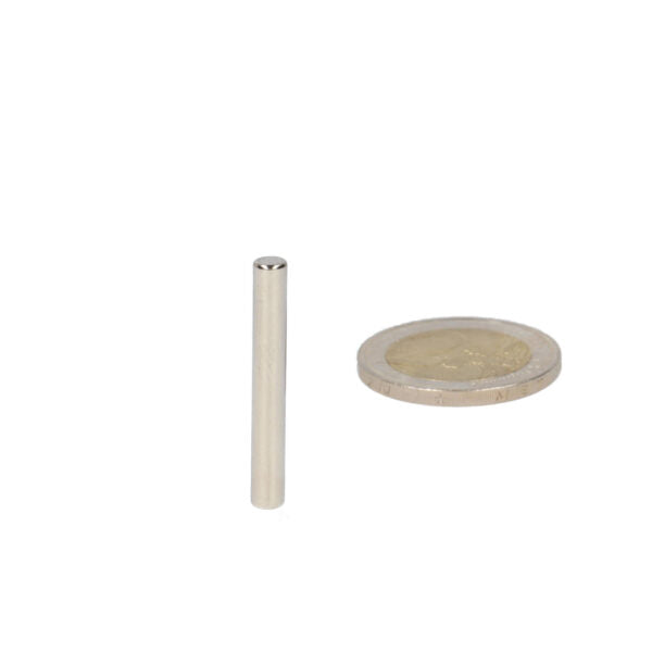 Silver high grade neodymium magnet rod magnet 4 x 30 mm next to a coin for scaling