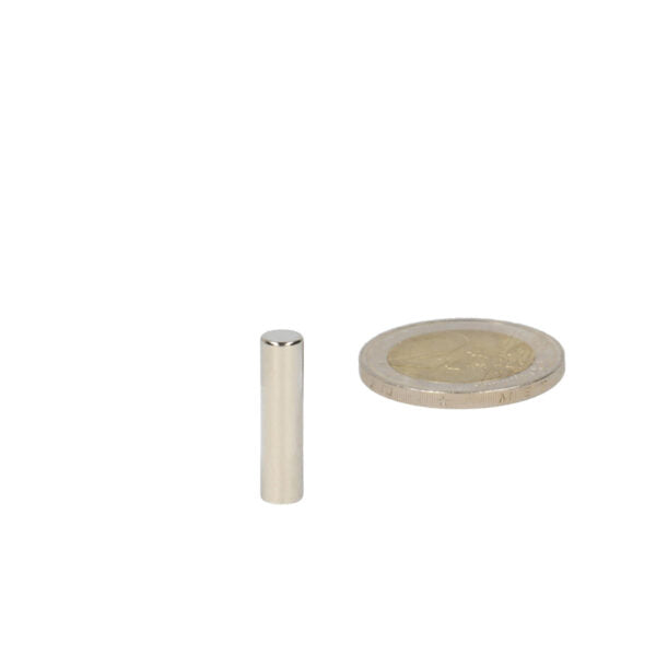 Silver high-grade neodymium magnet rod magnet 5 x 20 mm next to euro coin by shell