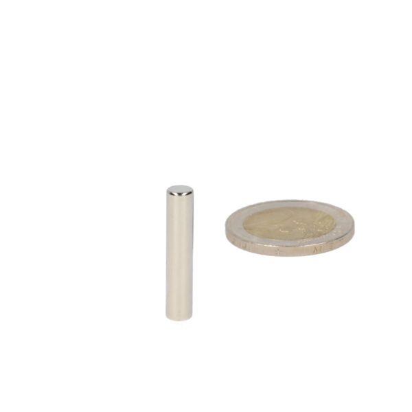 Silver cylindrical high-grade neodymium magnet 5 x 25 mm next to a euro coin for scale comparison