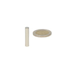 Silver cylindrical high-quality neodymium magnet 5 x 30 mm next to a coin for scale reference