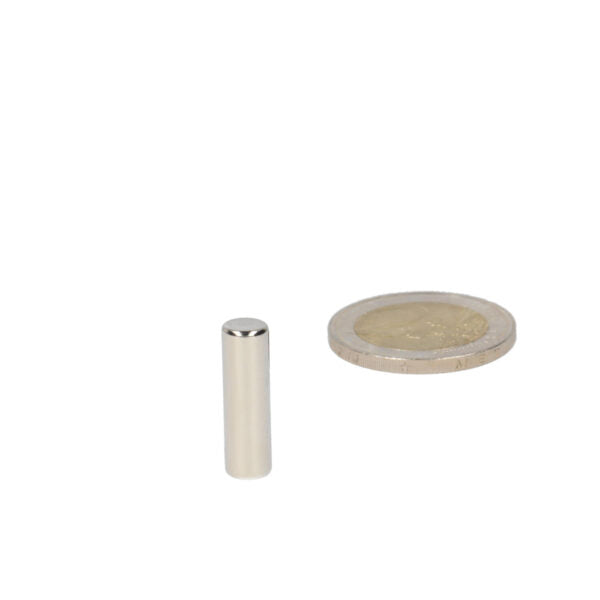 Rod magnet 6 x 20 mm silver-coloured high-grade neodymium magnet next to a euro coin for shell viewing