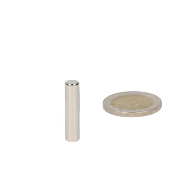 Silver-coloured high-grade neodymium magnet rod magnet 6 x 25 mm next to euro coin for shell