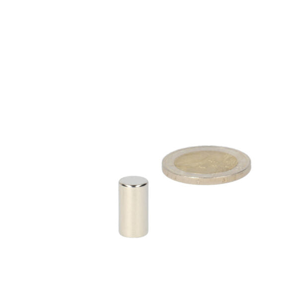 Silver neodymium rod magnet 8 x 15 mm next to a coin to illustrate the magnetic force