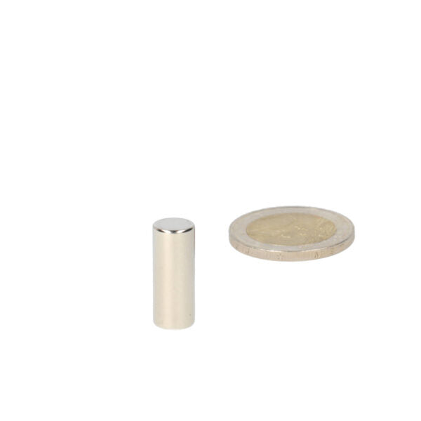 Silver rhodium rod magnet 8 x 20 mm next to coin for shell, powerful magnets with diverse applications and powerful performance