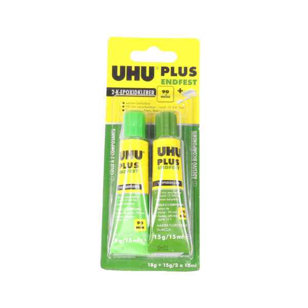 Two yellow uhu epoxy glue transparent sticks with green cap of 15g for strong and durable bonds