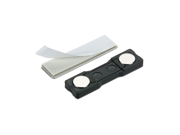Black magnetic business card holder 45x13mm with two silver magnets and white adhesive tape for professional image