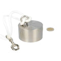 Silver fishing magnet with 250kg pull force with white rope and metal carabiner for lost object retrieval