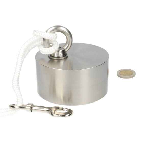Steel fishing magnet with 350kg pull force and high quality material with integrated metal ring and white rope for lost items