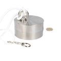 Silver fishing magnet Ø100×50 mm with white rope and carabiner, complete set with 500 kg pull force