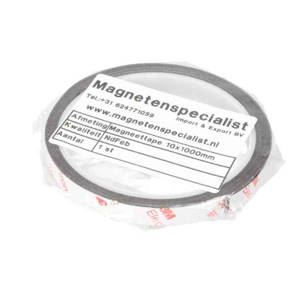 Black self-adhesive neodymium magnetic tape 10 mm wide and 1000 mm long in transparent magnet specialist packaging for powerful magnetic solutions
