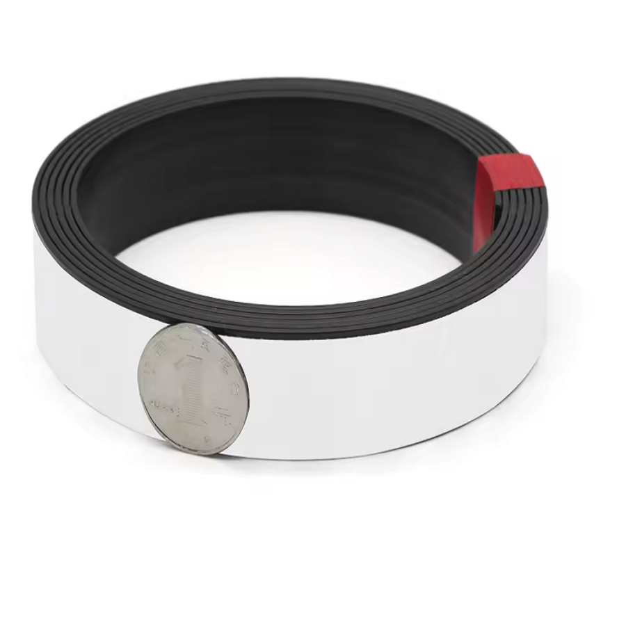 Self-Adhesive Neodymium Magnetic Tape 25 x 1000 mm (1 m Roll), rolled up, with a coin for scale